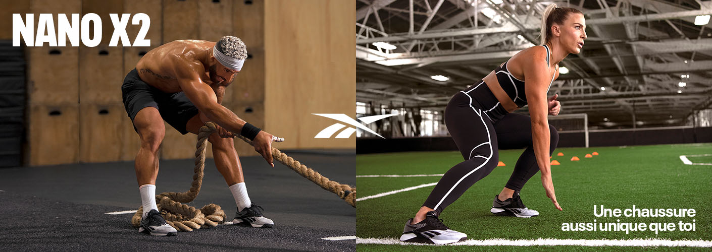Femme et homme qui s'entraînent au gym avec des chaussures de course Reebok et des vêtements athlétiques