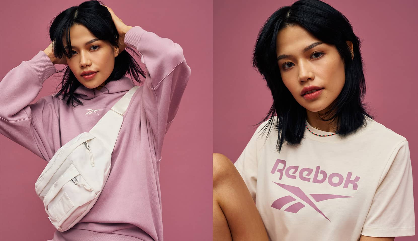 Jeune femnme qui porte un hoodie reebok rose et un tshirt reebok
